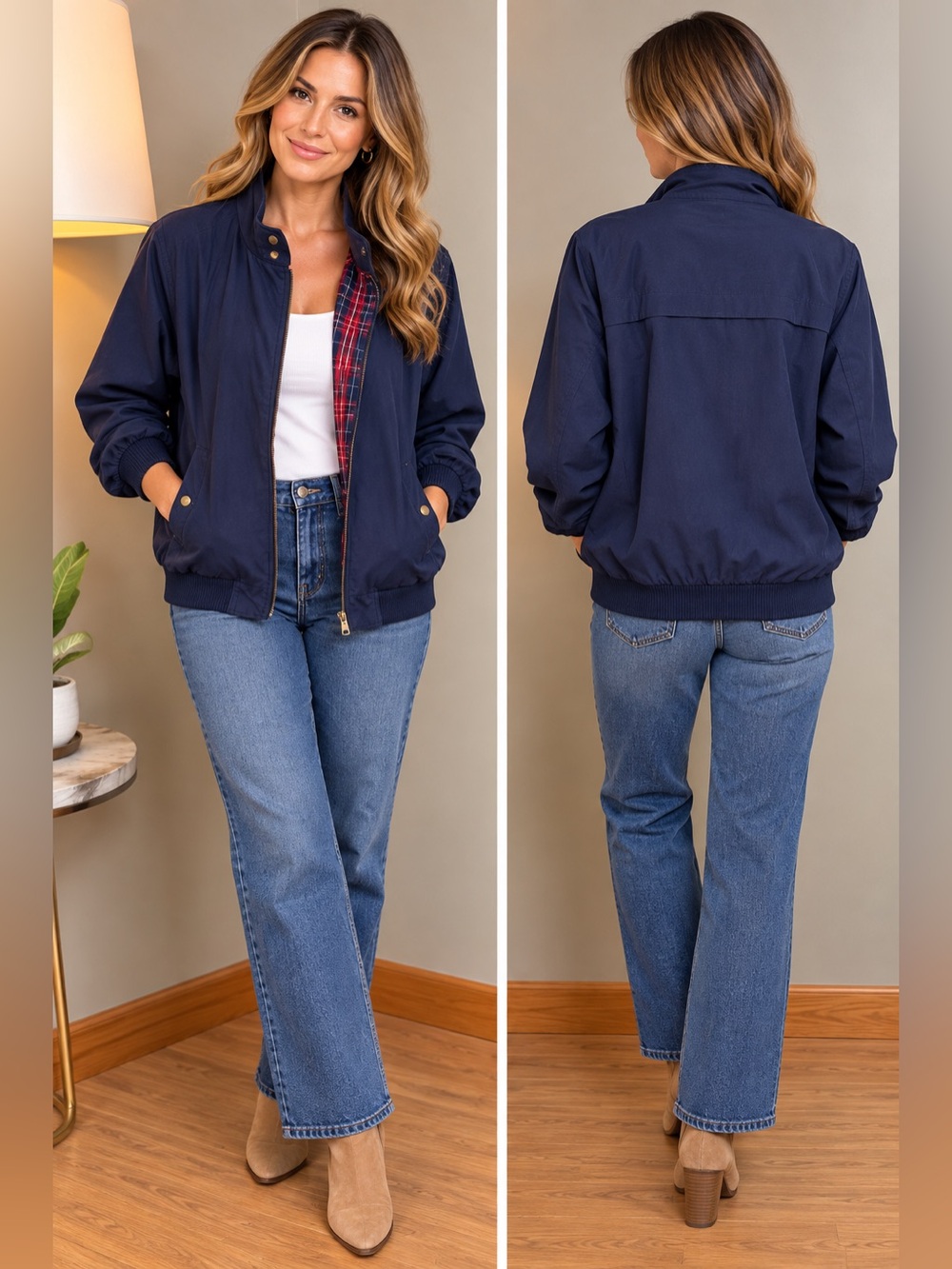 Merona Unisex Navy Harrington Barn
Jacket Plaid Lined Size Large